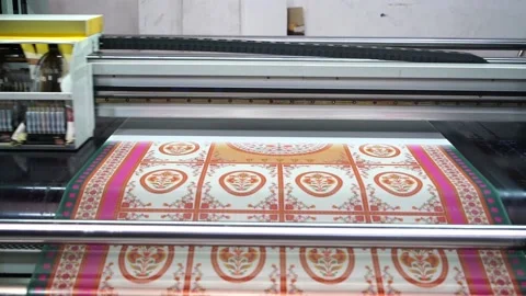 Slow motion shot of automatic color printing machine in textile factory in P Stock Footage 199272332