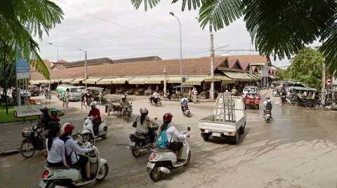 Slow motion shot of busy traffic in Siem Reap. FullHD video Stock Footage 59884203