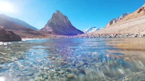 Slow motion shot of Calm river and Gonbo Rangjon mountain at Zanskar, Ladakh, In Stock Footage 237677630