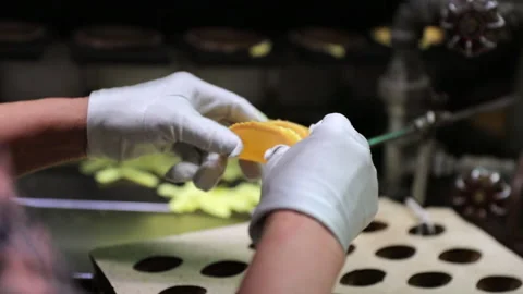 Slow Motion Shot Of Chef Wearing Gloves Making Fortune Cookie - San Francisco, Stock Footage 229939456