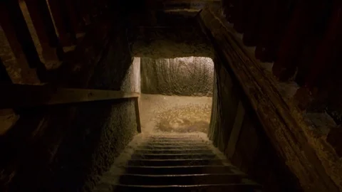 Slow motion shot of creepy basement stairs. Ghost story, horror, thriller setup Stock Footage