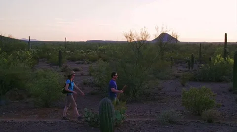 Slow Motion Shot of Desert Hikers at Sunset Stock Footage 64514031