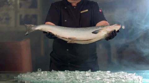 Slow Motion Shot of Falling Fresh Fish into Crushed Ice Stock Footage 137318394