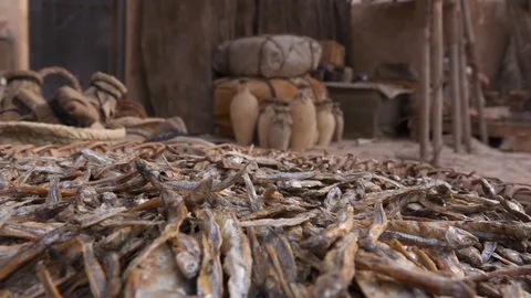 Slow motion shot of flies taking off from bowl of dried fish Stock-Footage 76936307