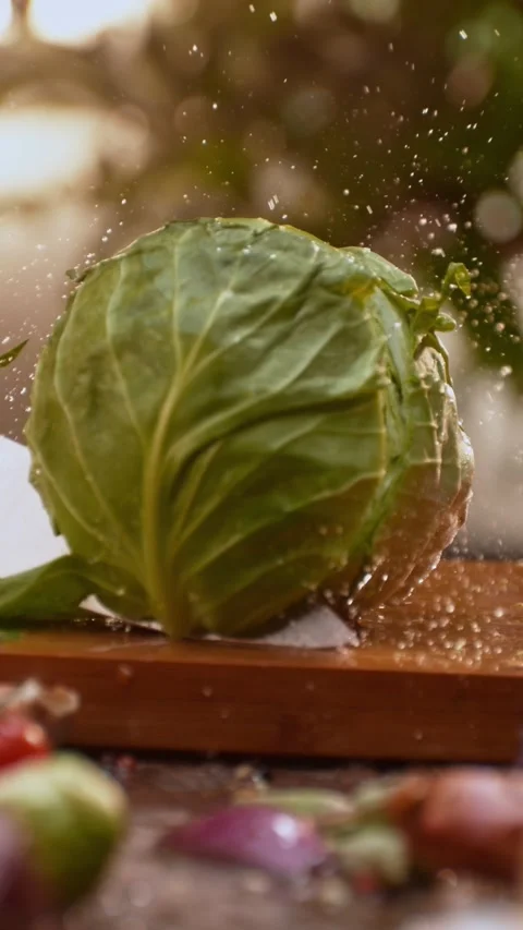 Slow motion shot of fresh cabbage being sliced with sharp knife on wooden c.. Stock Footage 337389519