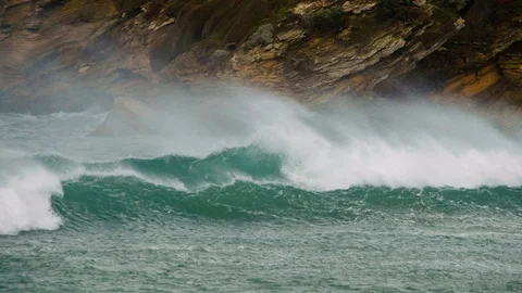 Slow motion shot of heavy seas at Warrnambool breakwater. Stock Footage 92291286