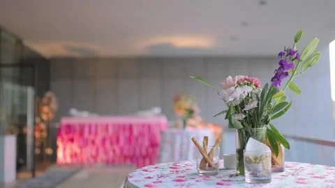 A Slow Motion Shot of an Indian Wedding Venue Decoration in India Stock Footage 296480896