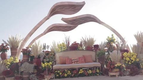 A Slow Motion Shot of an Indian Wedding Venue Decoration in India Video stock 313111435