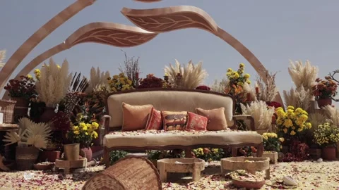 A Slow Motion Shot of an Indian Wedding Venue Decoration in India Stock Footage 313111446