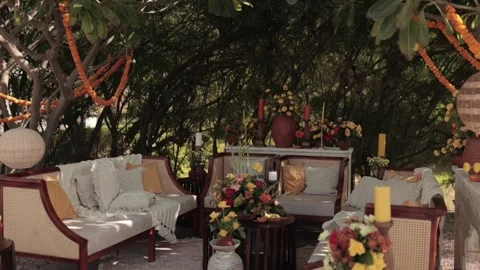A Slow Motion Shot of an Indian Wedding Venue Decoration in India Stock Footage 314147367