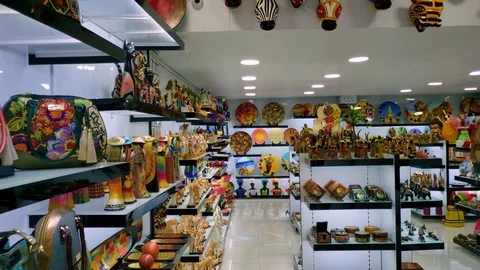 Slow Motion Shot Inside Local Artwork Souvenir Shop in Cartagena, Colombia Stock Footage 102481515
