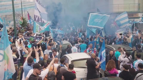 Slow motion shot of italian Hooligans of SSC Napoli celebrating soccer Stock Footage 246895550