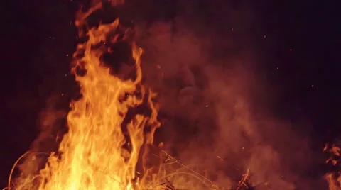 Slow motion shot of man burning dry branches on the bonfire Stock Footage 63906988