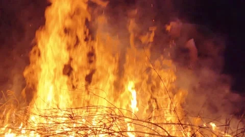 Slow motion shot of man burning dry branches on the bonfire Stock Footage 63907047