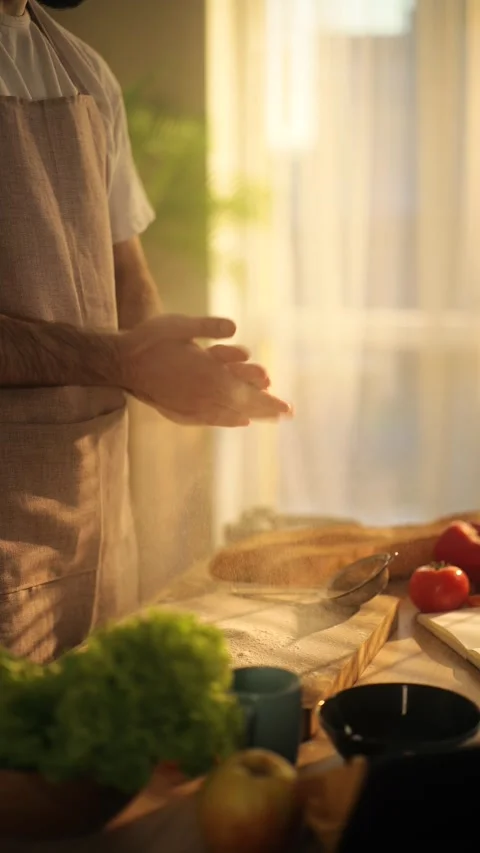 A slow-motion shot of a man clapping his hands to shake off flour while baking Stock Footage 304373178