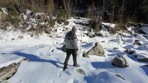 Slow Motion Shot of Man Walking Through Snowy Forest in Winter Stock Footage 326181413