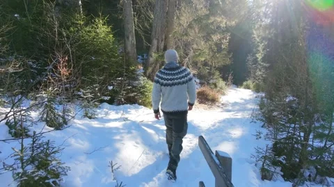 Slow Motion Shot of Man Walking Through Snowy Forest in Winter Video stock 326181448