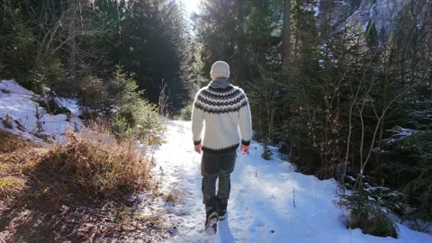 Slow Motion Shot of Man Walking Through Snowy Forest in Winter Video stock 326181455