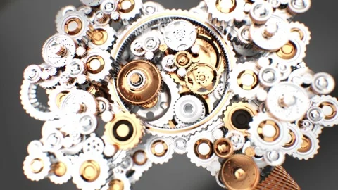 Slow-motion shot of mechanical gears working in perfect unison. Each compon.. Video stock 303499387