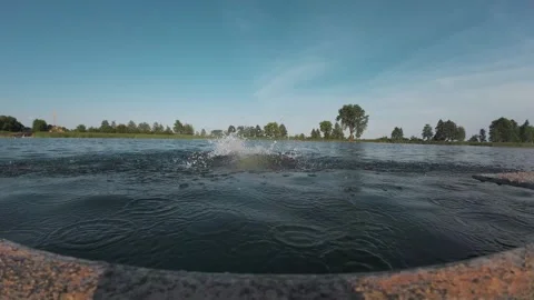 Slow motion shot middle years man jumping into lake Stock Footage 303497525