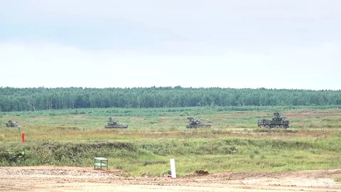 Slow motion shot of moving Russian army anti-aircraft self-propelled systems Stock Footage 79556171