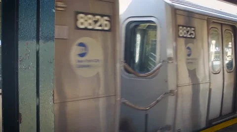 Slow motion shot of the MTA train arriving at the platform in NYC Video stock 62782358