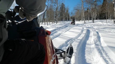 Slow motion shot as one snowmobile follows another in the aspen forest Video stock 110408636