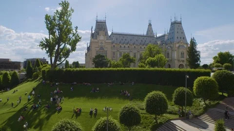 Slow motion shot of the Palace of Culture and its gardens in Iasi, Romania Stock Footage