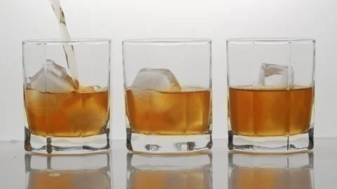 Slow Motion Shot of Pouring Ice Tea or whisky into Glass with Ice Stock Footage 147356100