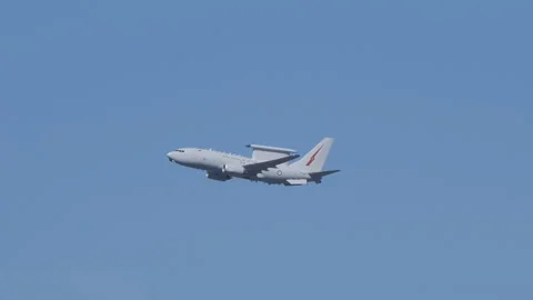 Slow motion shot of a RAAF E 7-A Wedgetail aircraft Stock Footage 153581128