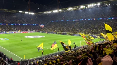 Slow motion shot showing crowd of soccer fans celebrating champions league Stock Footage 256295752