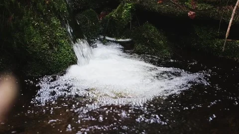 Slow-motion shot of a small forest stream cascading into a dark pool of water Video stock 248377820