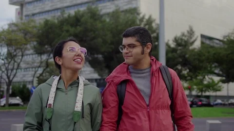 Slow motion shot of smiling young people in eyeglasses talking while strolling Stock-Footage 100550768