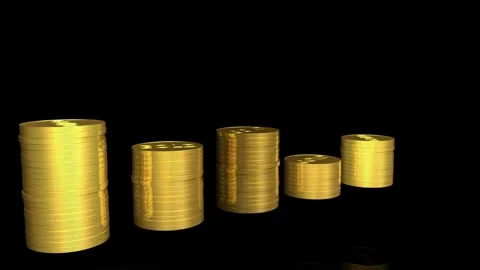 Slow Motion Shot of stack drop golden coin into piggy bank glass for Video stock 334027701