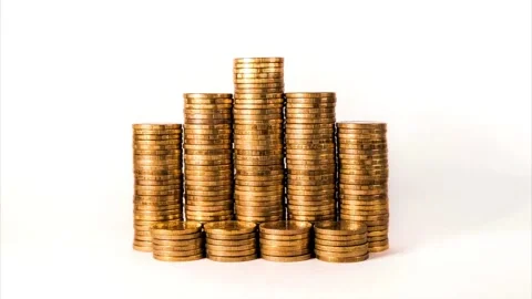 Slow Motion Shot of stack golden coin into piggy bank glass for Video stock 334028583