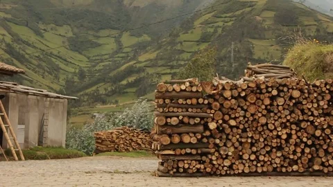 Slow motion shot from a stack of wood in front for a mountain in Ecuador Stock Footage 74548580
