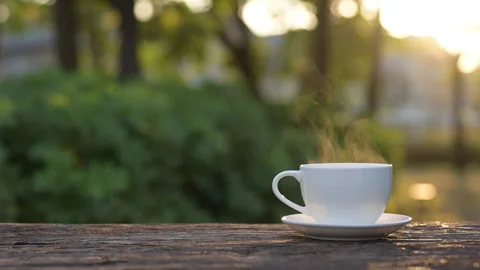 Slow motion shot of steaming espresso mug in nature hot drink concept outdoor Stock Footage 296998596