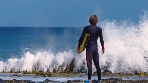 Slow motion shot of surfer with spectacular wave roaring up in front of him. Stock Footage 87254261