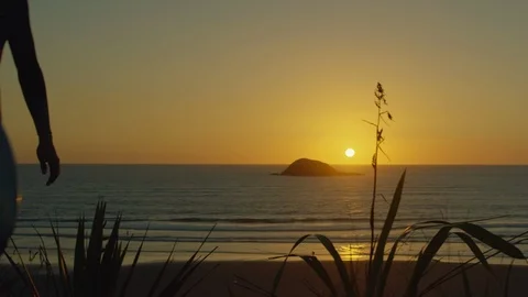 Slow motion shot of surfer walking on beach at sunset Stock Footage 87721044