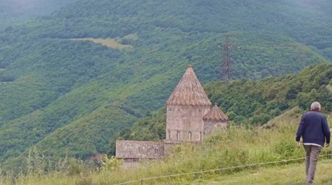 Slow motion shot of the Tatev monastery from a cableway Stock Footage 65337177