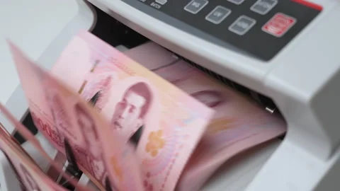 Slow Motion Shot of Thai Baht money counting in Machine. Paper THB Thai baht  Stock Footage 171636672