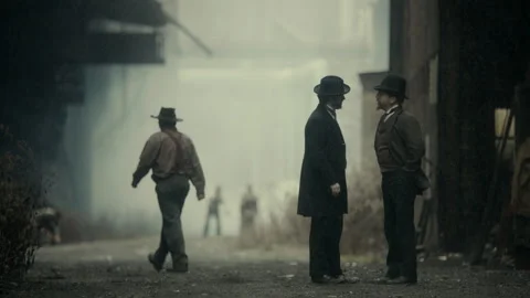 Slow motion shot of two men talking outside steel mill, USA, 1800s - Reenactment Stock Footage 236632300