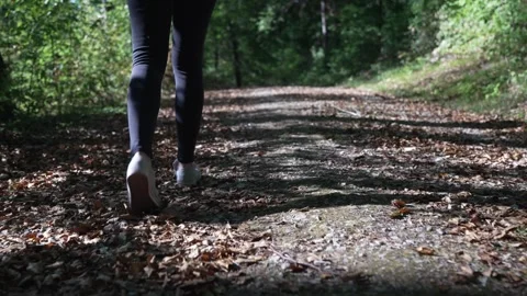 Slow-motion shot of a woman's legs as she walks through a forest covered in Stock Footage 346315140