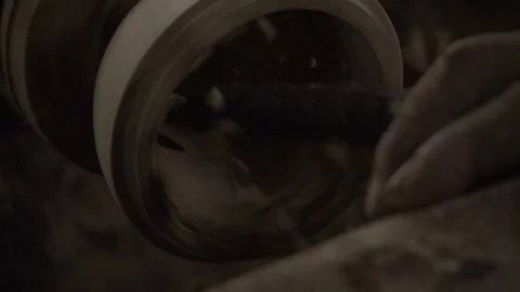Slow motion shot of woodturning process Stock Footage 96364553
