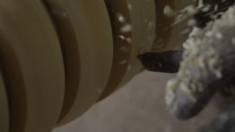 Slow motion shot of woodturning process Stock Footage 96365960