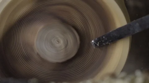 Slow motion shot of woodturning process Stock Footage 96366187
