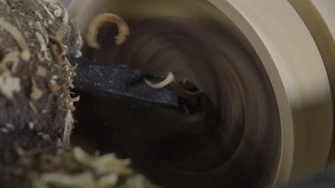 Slow motion shot of woodturning process Stock Footage 96366259