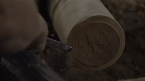 Slow motion shot of woodturning process Stock Footage 96373319