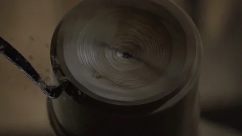 Slow motion shot of woodturning process Stock Footage 96373452