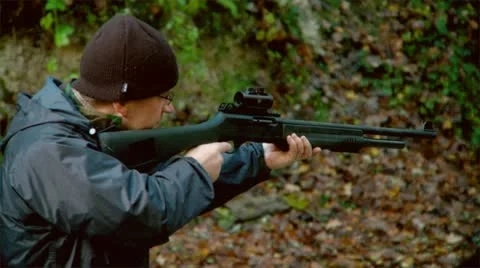 Slow motion Shotgun backfiring Video stock 18193062